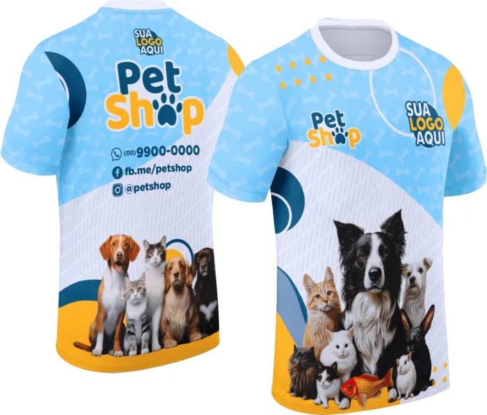 Camiseta unissex branca com logo no peito e estampa grande nas costas com tema Pet Shop Modelo 033, trazendo estilo e praticidade para o dia a dia.