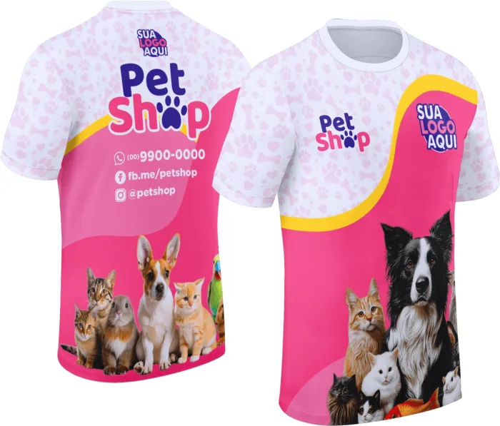 Camiseta unissex preta com logo no peito e estampa grande nas costas, trazendo um design inspirado em Pet Shop Modelo 034, ideal para amantes de pets e estilo moderno.