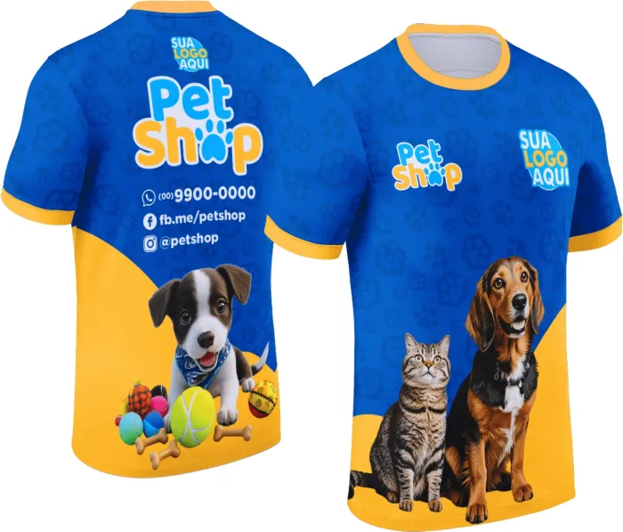 Camiseta unissex branca com logo no peito e estampa grande nas costas com tema de pet shop, estilo moderno e atraente, ideal para amantes de animais.