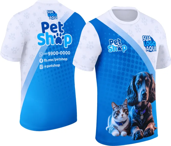 Camiseta unissex preta com logo no peito e estampa grande nas costas inspirada em Pet Shop Modelo 036, ideal para amantes de animais e temática de pet shop.