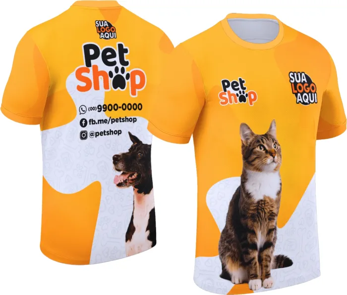 Camiseta unissex branca com logo no peito e estampa grande nas costas com tema Pet Shop Modelo 037, destacando estilo moderno e descontraído, perfeita para todos os amantes de pets.