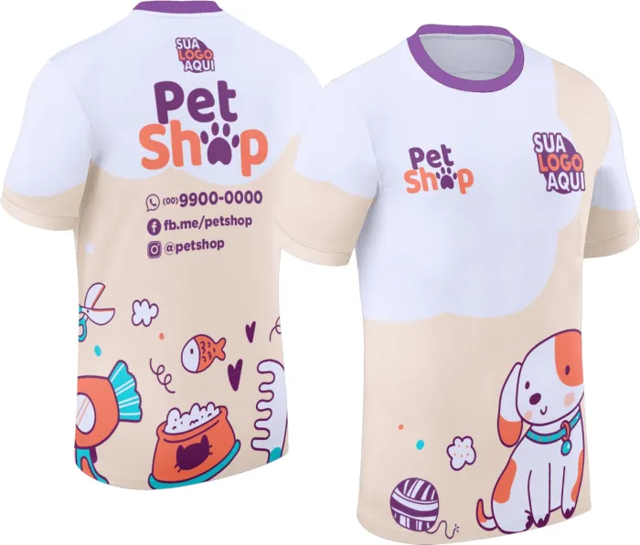 Camiseta unissex preta com logo no peito e estampa grande nas costas inspirada em Pet Shop, ideal para quem ama animais, trazendo estilo e conforto em visual moderno.