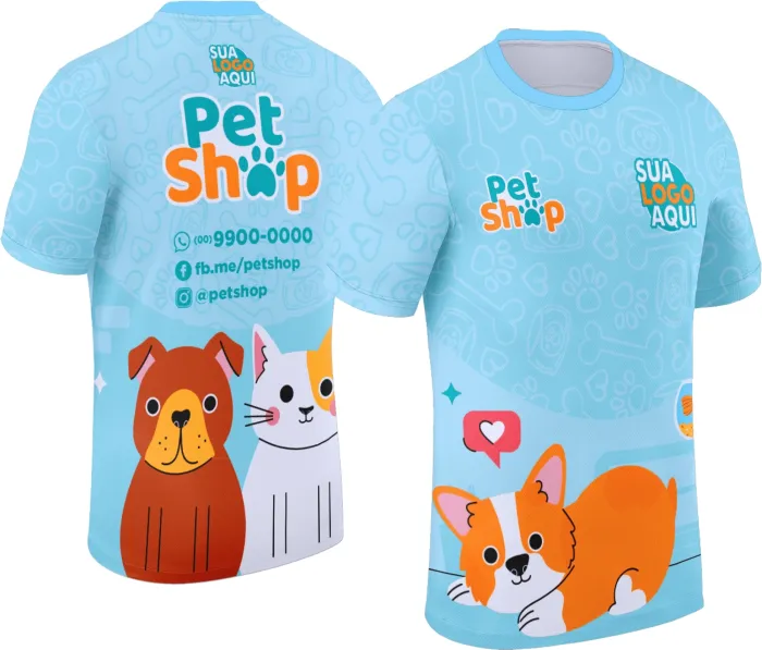 Foto de camiseta unissex preta com logo no peito e estampa grande nas costas com tema Pet Shop Modelo 042, ideal para amantes de pets em estilo moderno e confortável