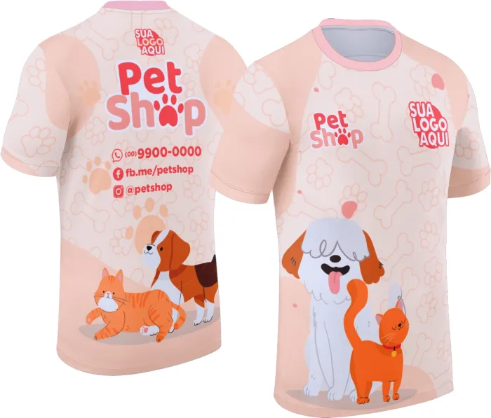 Camiseta unissex branca com logo no peito e estampa grande nas costas com tema Pet Shop Modelo 043, ideal para quem ama pets.