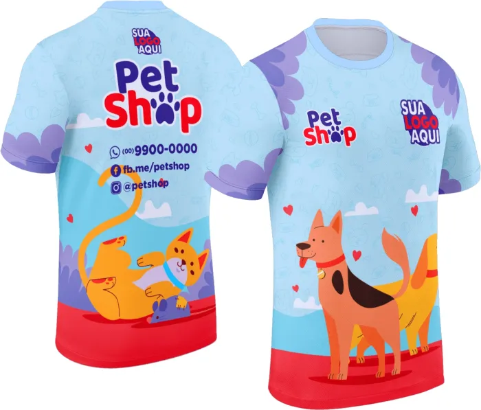 Camiseta unissex branca com logo no peito e estampa grande nas costas, temática Pet Shop Modelo 046, ideal para amantes de pets e estilo casual.