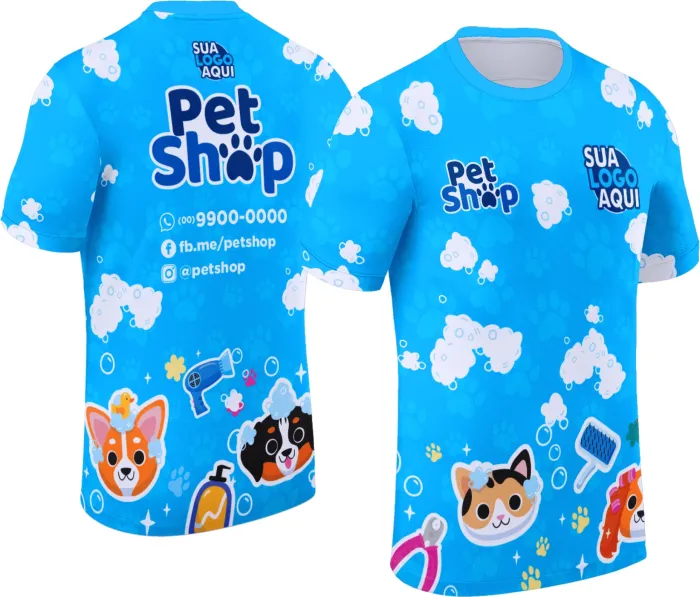 Camisa unissex preta com logo no peito e estampa grande nas costas, temática Pet Shop Modelo 047, ideal para camiseta confortável e estilosa do dia a dia.