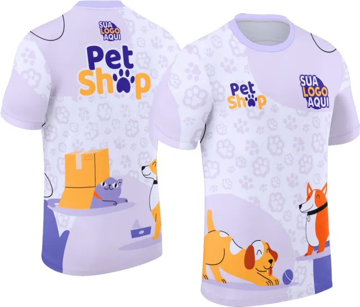 Foto de camiseta unissex preta com logo no peito e estampa grande nas costas com tema Pet Shop, ideal para amantes de pets e profissionais da área.