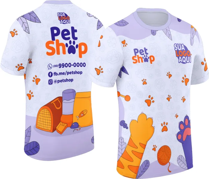 Camiseta unissex preta com logo no peito e estampa grande nas costas, tema Pet Shop Modelo 052, estilo casual para amantes de animais.