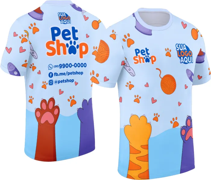 Camiseta unissex branca com logo no peito e estampa grande nas costas temática de Pet Shop, ideal para amantes de animais, confortável e estilosa para diversas ocasiões.
