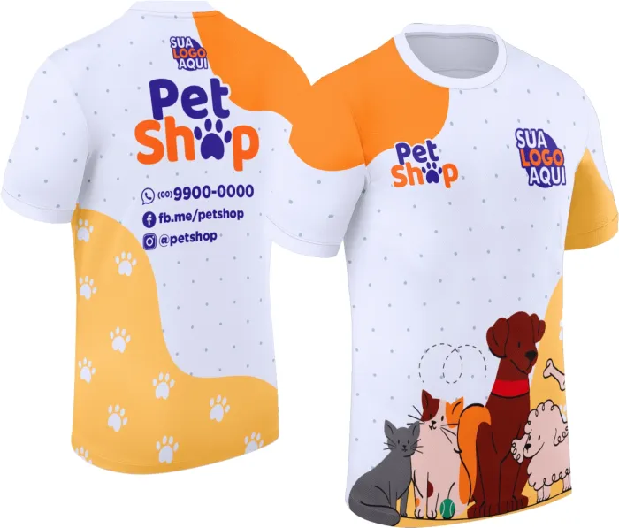 Camiseta unissex preta com logo no peito e estampa grande nas costas, tema Pet Shop Modelo 054, ideal para quem ama pets e quer estilo casual e moderno.