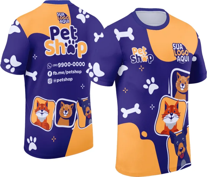 Camiseta unissex preta com logo no peito e estampa grande nas costas, tema Pet Shop, modelo 057, perfeita para amantes de pets.