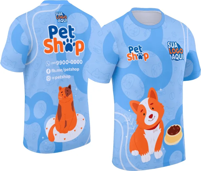 Camiseta unissex preta com logo no peito e estampa grande nas costas, temática Pet Shop Modelo 058, perfeita para amantes de pets com estilo moderno e confortável.
