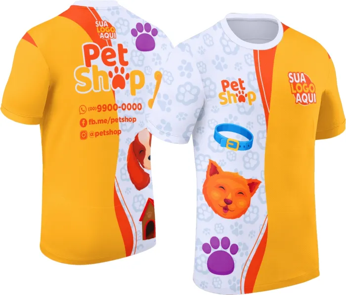 Camiseta unissex preta com logo no peito e estampa grande nas costas, tema Pet Shop Modelo 060, estilo moderno e descontraído para amantes de animais.