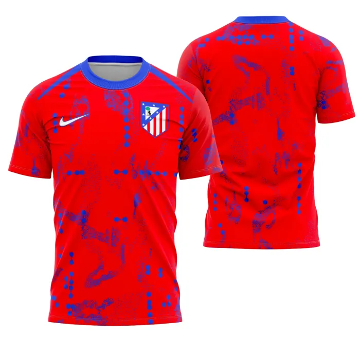 Camiseta unissex preta com logo no peito e estampa grande nas costas do Atlético de Madrid 2024-2025 pré-jogo, perfeita para torcer com estilo e conforto.