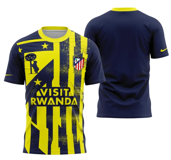 Camiseta unissex preta com logo no peito e estampa grande nas costas temática do Atlético de Madrid 2025-2026, perfeita para quem quer mostrar paixão pelo time com estilo moderno.