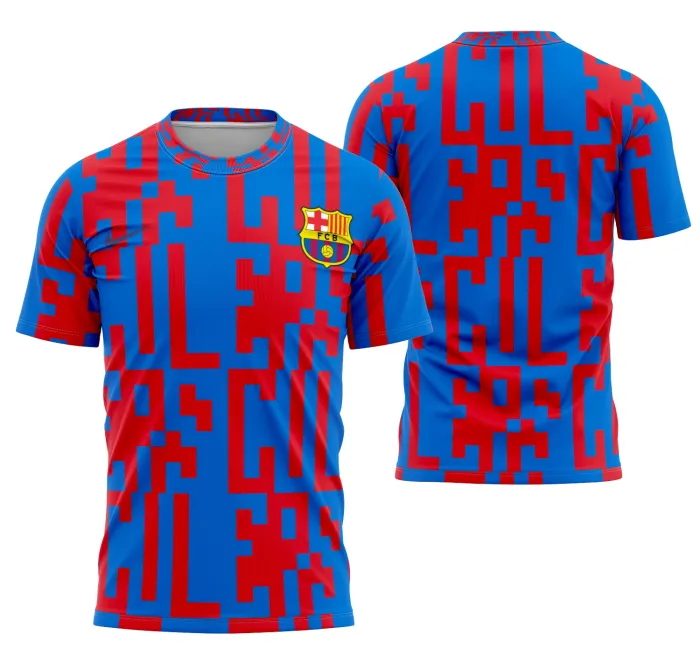 Camiseta unissex preta com logo no peito e estampa grande nas costas do Barcelona 2022-2023, ideal para fãs do futebol em eventos e uso casual.