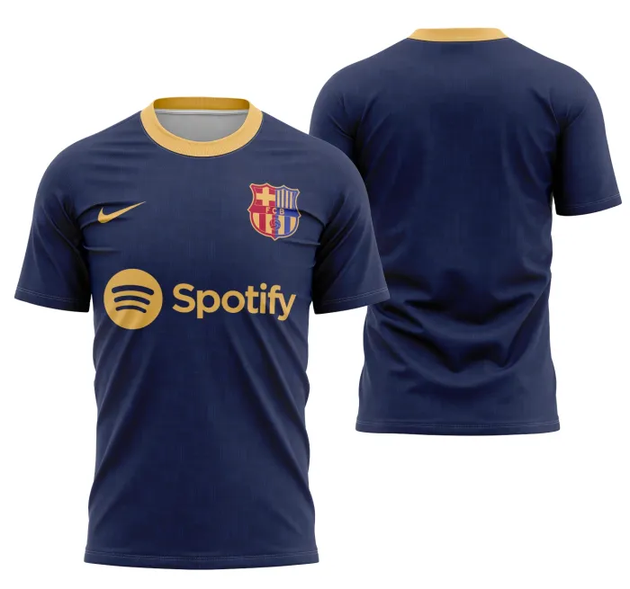 Camiseta unissex preta com logo no peito e estampa grande nas costas inspirada na camisa pré-jogo do Barcelona 2024-2025, ideal para torcer com estilo e conforto.