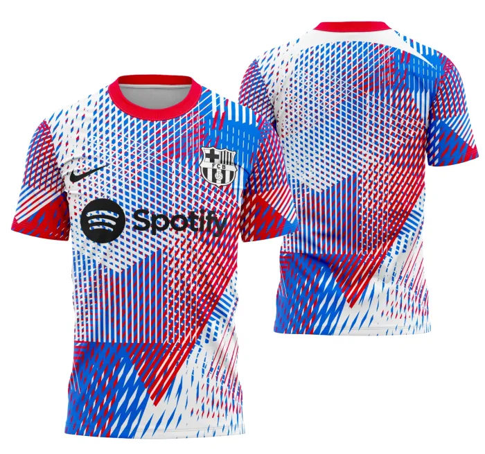 Camiseta unissex preta com logo no peito e estampa grande nas costas do tema Camisa Pré-Jogo Do Barcelona Ucl 2022-2023, perfeito para fãs do futebol e colecionadores.