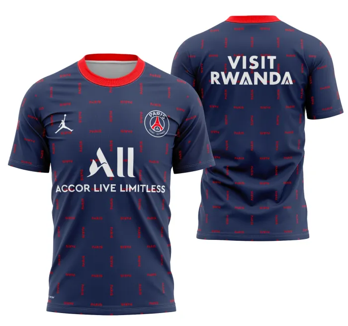 Camisa preta unissex com logo do PSG no peito e estampa grande nas costas da camisa pré-jogo do PSG 2021-2022, ideal para fãs e colecionadores apaixonados pelo futebol.