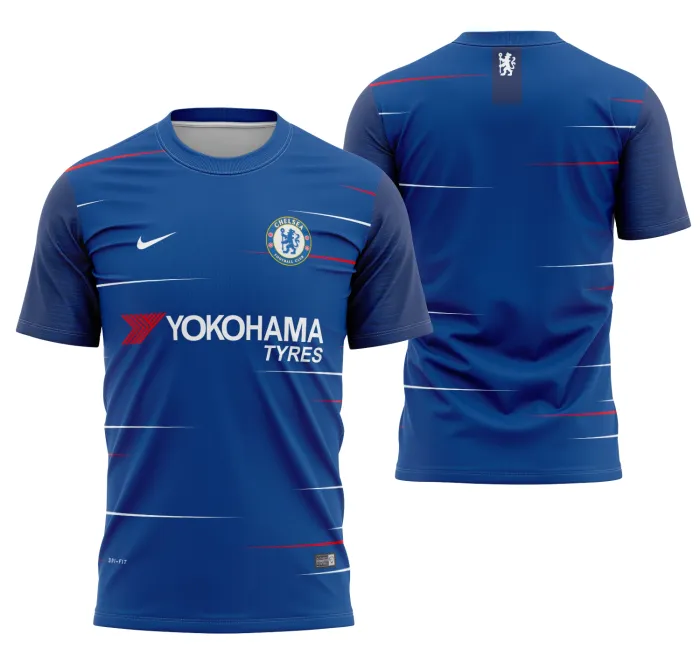 Camiseta unissex preta com logo no peito e estampa grande nas costas inspirada na camisa principal do Chelsea 2018-2019, perfeita para fãs do futebol e estilo casual.