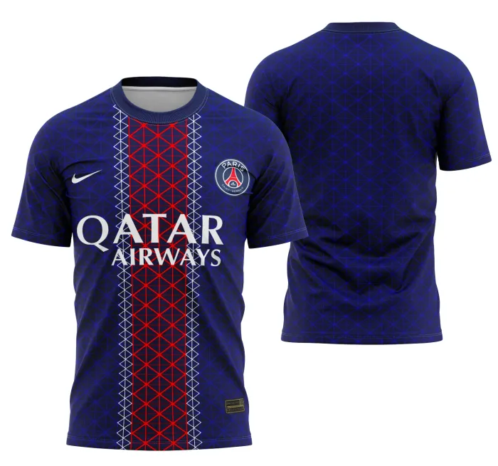 Camiseta preta unissex PSG Kit Casa 25-26 com logo no peito e estampa grande nas costas mostrando o design do time para a temporada 25-26.