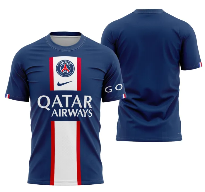 Camiseta unissex preta com logo no peito e estampa grande nas costas do PSG Locais 2022-2023 Modelo 1, perfeita para fãs do clube em evento ou dia a dia.