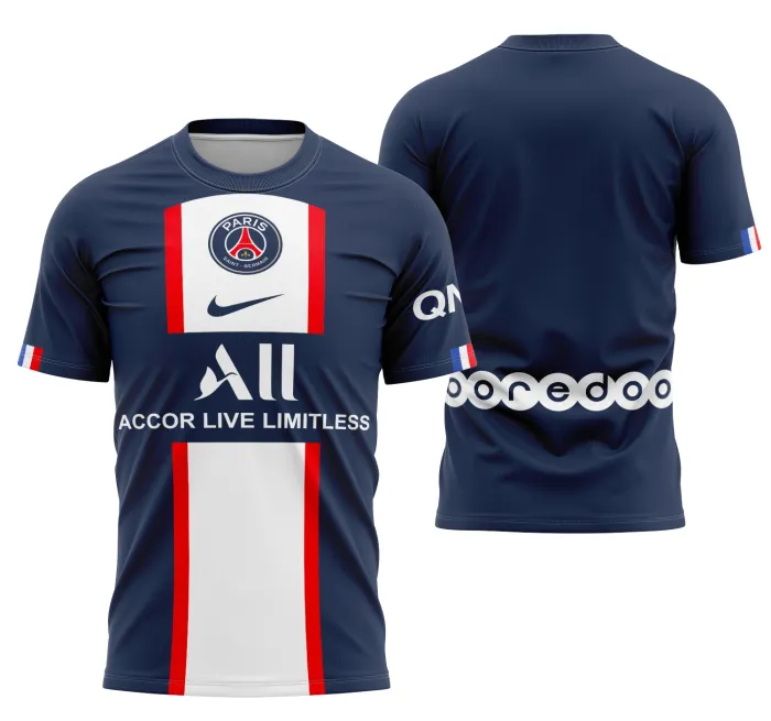 Camiseta preta unissex com logo no peito e estampa grande nas costas do Psg Locais 2022-2023 Modelo 2, design moderno e esportivo, ideal para fãs do time.