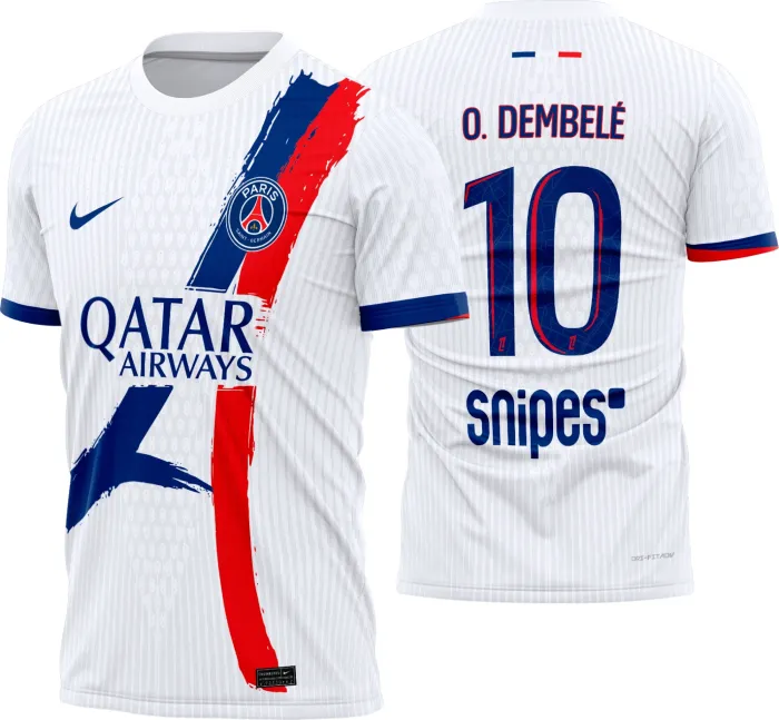 Camiseta preta unissex com logo no peito e estampa grande nas costas inspirada na camisa PSG Reserva 2025-26, estilo esportivo e moderna.
