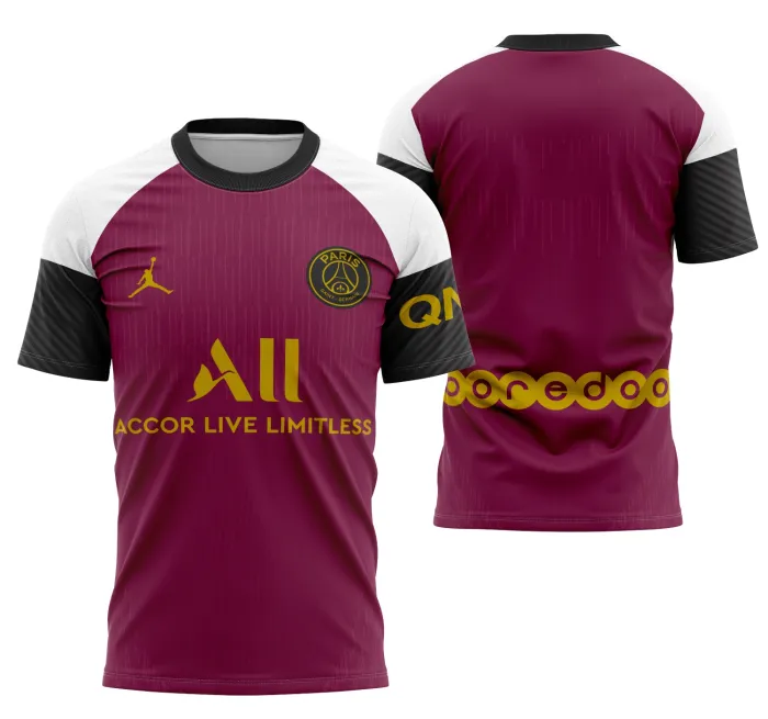 Camiseta unissex preta com logo no peito e estampa grande nas costas do Psg Terceira 2020-2021, design moderno e vibrante, perfeita para fãs do clube.