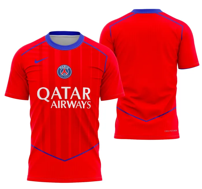 Camisa preta unissex com logo no peito e estampa grande nas costas do Psg Terceira 2025-2026, estilo moderno e marcante para quem é fã do futebol.