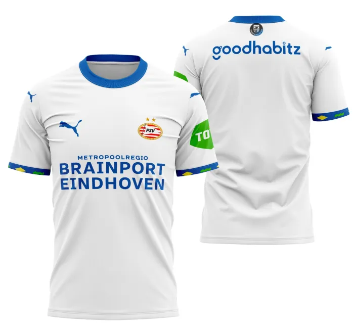 Camiseta unissex preta com logo no peito e estampa grande nas costas do Psv Eindhoven alternativa 2024-2025, ideal para fãs de futebol e torcedores estilosos