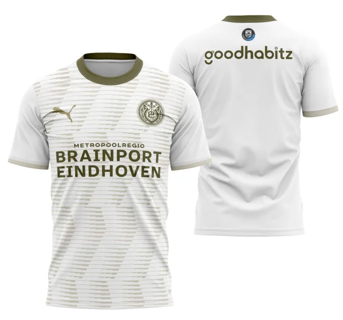 Camiseta preta unissex com logo no peito e estampa grande nas costas inspirada na camisa Psv Eindhoven terceiro uniforme 2025-2026, ideal para fãs do time e estilo esportivo.