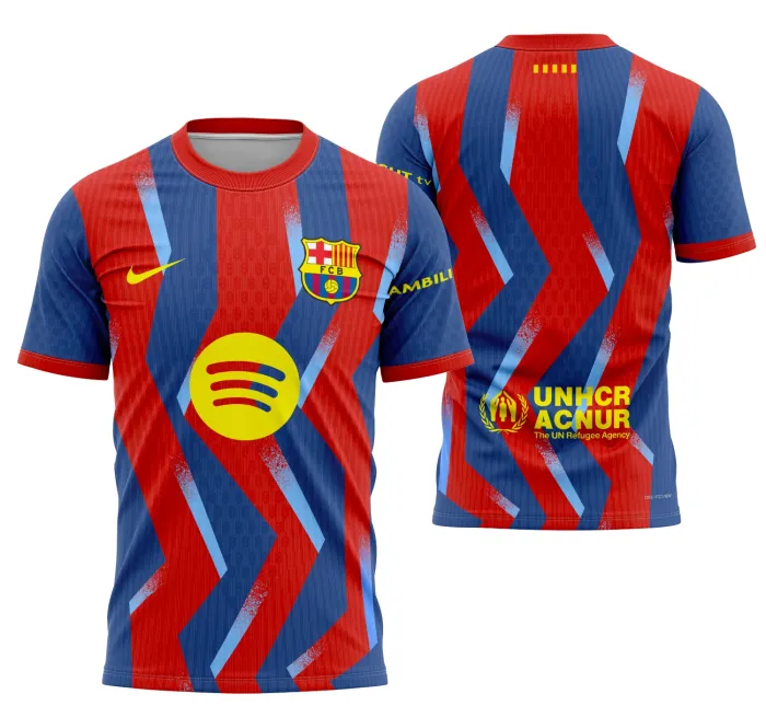 Camiseta unissex preta com logo no peito e estampa grande nas costas do Quarto Barcelona 2025-2026, design moderno e atraente para fãs do time.