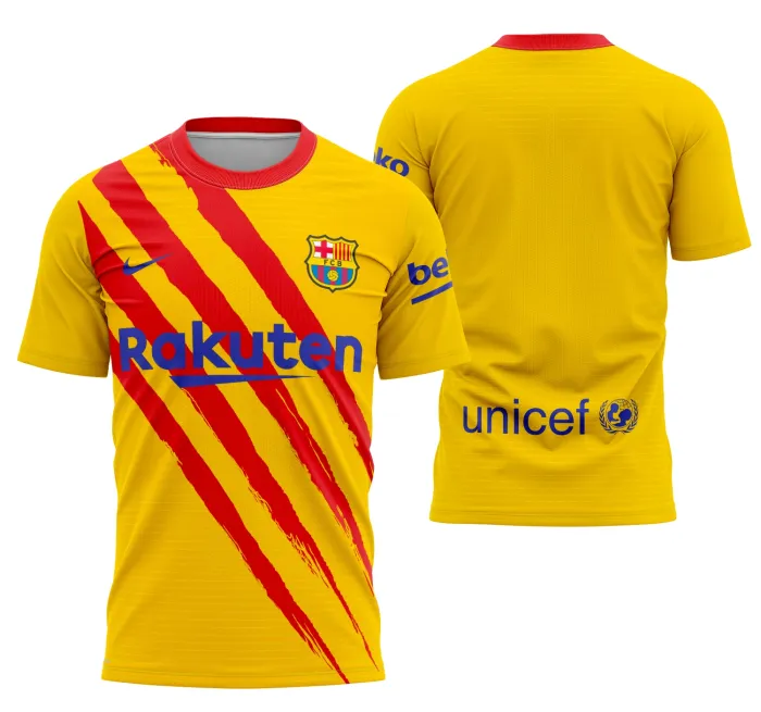 Camiseta unissex preta com logo no peito e estampa grande nas costas do Quarto Kit do Barcelona 2019-2020, ideal para fãs do futebol e amantes do estilo esportivo.