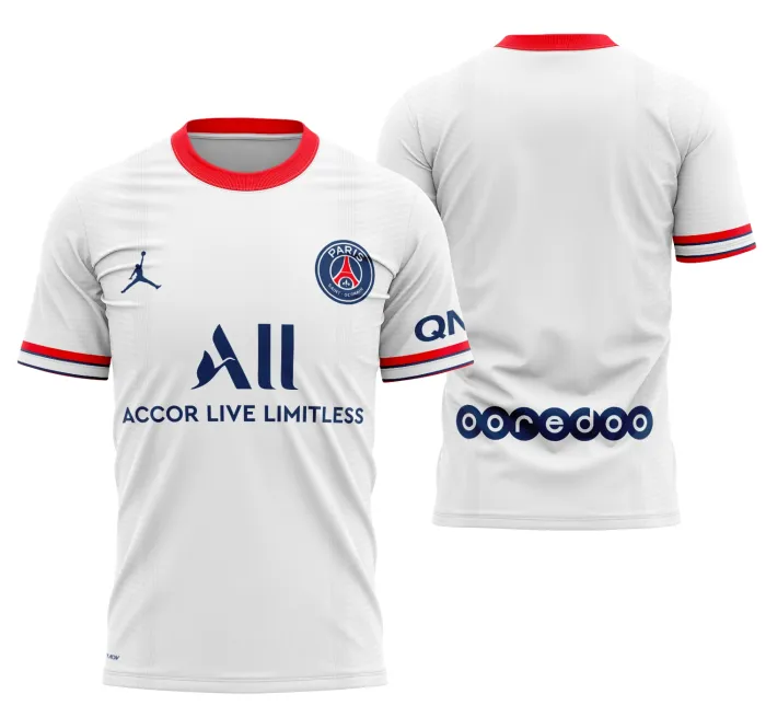 Camiseta unissex preta com logo no peito e estampa grande nas costas do Quarto Kit PSG 2022, design moderno e vibrante para fãs do time.