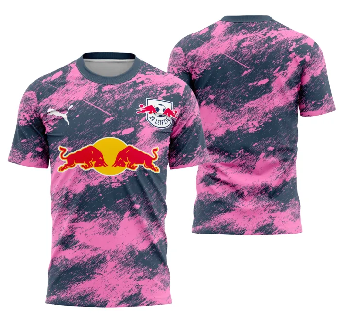 Camiseta unissex preta com logo no peito e estampa grande nas costas inspirada no RB Leipzig Terceiro Conceito 2025, mostrando design moderno e esportivo.
