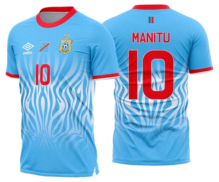 Camiseta unissex preta com logo no peito e estampa grande nas costas com tema da camisa RD Congo Titular 2026 - 2028, destacando design moderno e vibrante.