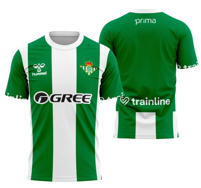 Camiseta unissex branca com logo no peito e estampa grande nas costas inspirada no Real Betis Kit Casa 25, estilo moderno e esportivo, perfeita para fãs do time.