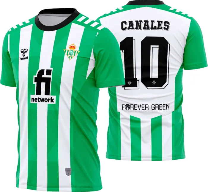 Camiseta unissex branca com logo no peito e estampa grande nas costas do time Real Betis Titular 2022-23 em destaque para fãs e colecionadores