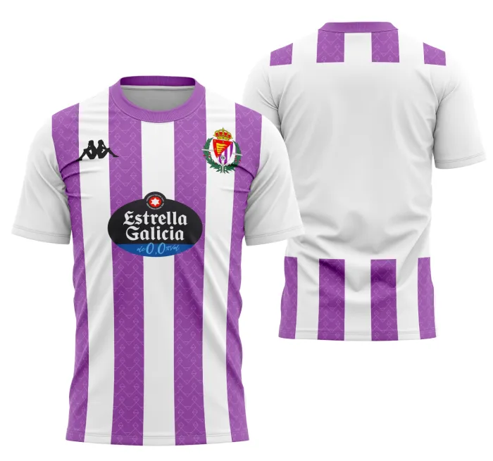 Camiseta unissex branca com logo no peito e estampa grande nas costas do Real Valladolid Kit Casa 25-26, destacando design esportivo e estilo moderno para torcedores.