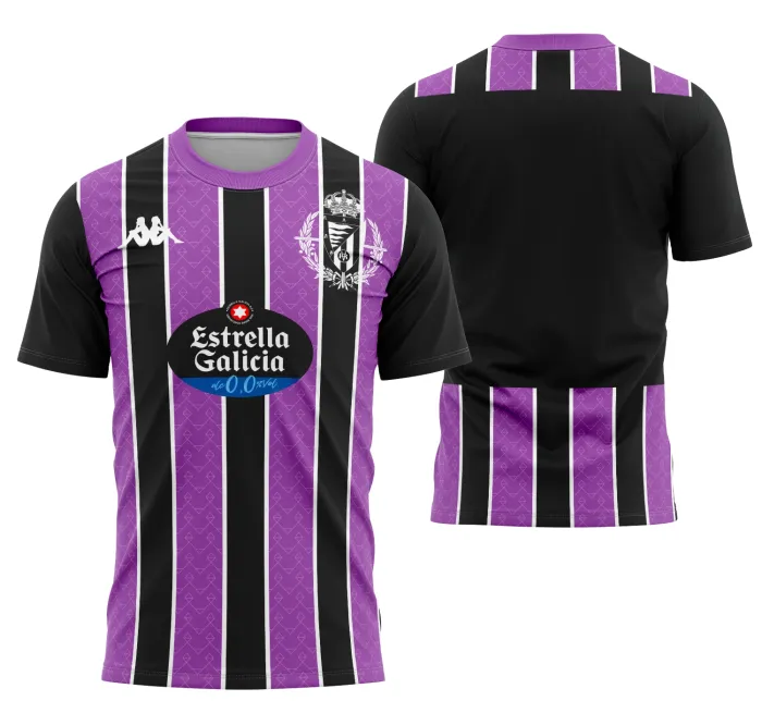 Camiseta unissex preta com logo do Real Valladolid no peito e estampa grande nas costas apresentando o kit reserva 25-26, ideal para fãs e colecionadores do time.