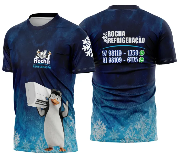 Camiseta unissex preta com logo no peito e estampa grande nas costas temática de refrigeração profissional.
