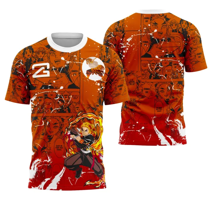 Camiseta unissex preta com logo no peito e estampa grande nas costas inspirada em Rengoku KNY, design marcante e estilo moderno perfeito para fãs da série.