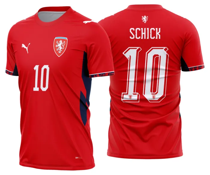 Camiseta unissex preta com logo no peito e estampa grande nas costas da República Tcheca titular 2026 2028, ideal para fãs do futebol com visual moderno e esportivo.