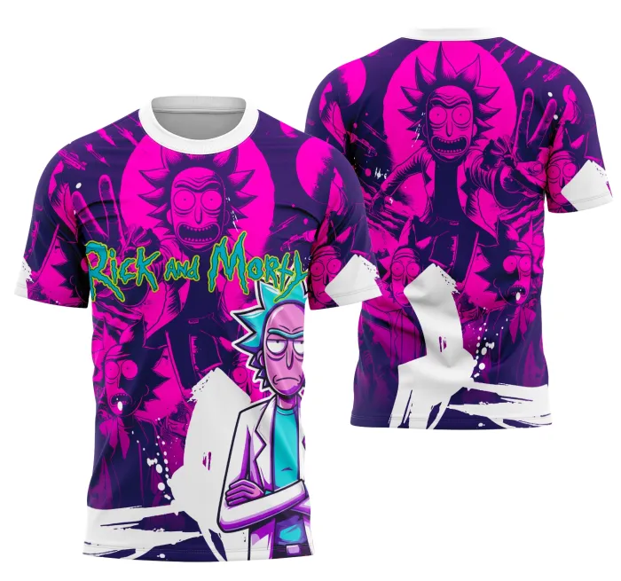 Camiseta unissex preta com logo no peito e estampa grande nas costas do personagem Rick Sanchez em evento Interclasse 2025, estilo moderno e visual marcante.