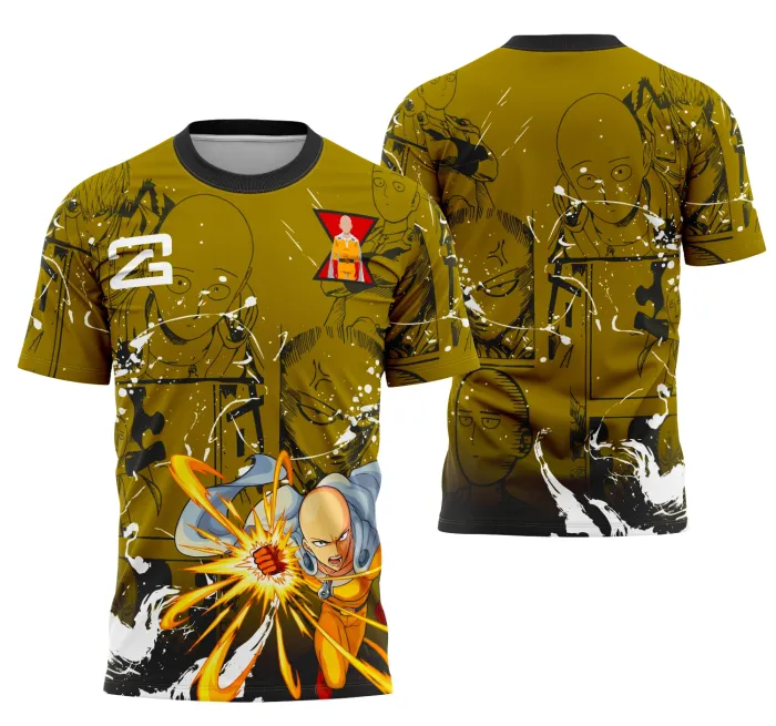 Camiseta unissex preta com logo no peito e estampa grande nas costas inspirada em Saitama, combinando um visual moderno e descontraído para fãs do personagem.