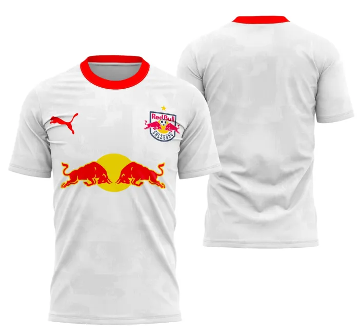 Camiseta unissex preta com logo no peito e estampa grande nas costas do Salzburgo Kit Casa 2025-26, ideal para fãs do time e colecionadores.