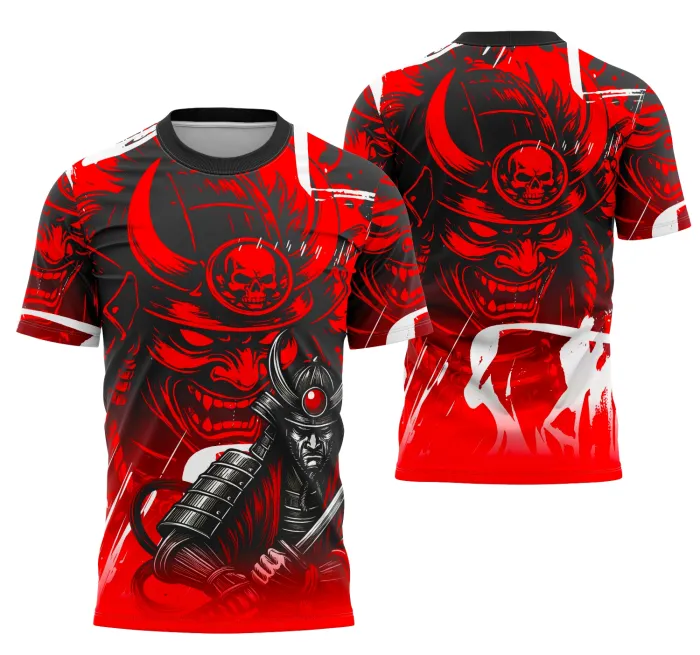 Foto de camiseta unissex preta com logo no peito e estampa grande nas costas com tema Samurai Interclasse 2025, ideal para fãs e eventos especiais.