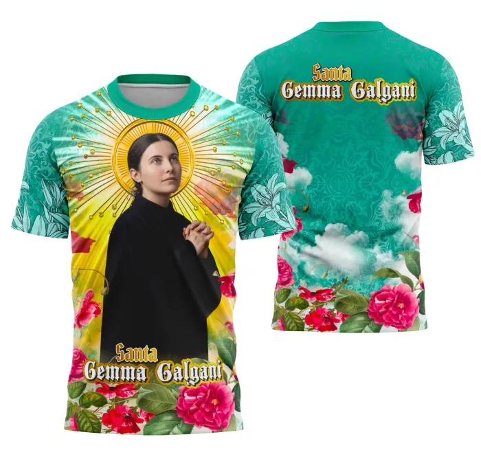 Camiseta unissex preta com logo no peito e estampa grande nas costas baseada em Santa Gemma Galgani, tema religião, perfeita para devotos e colecionadores.