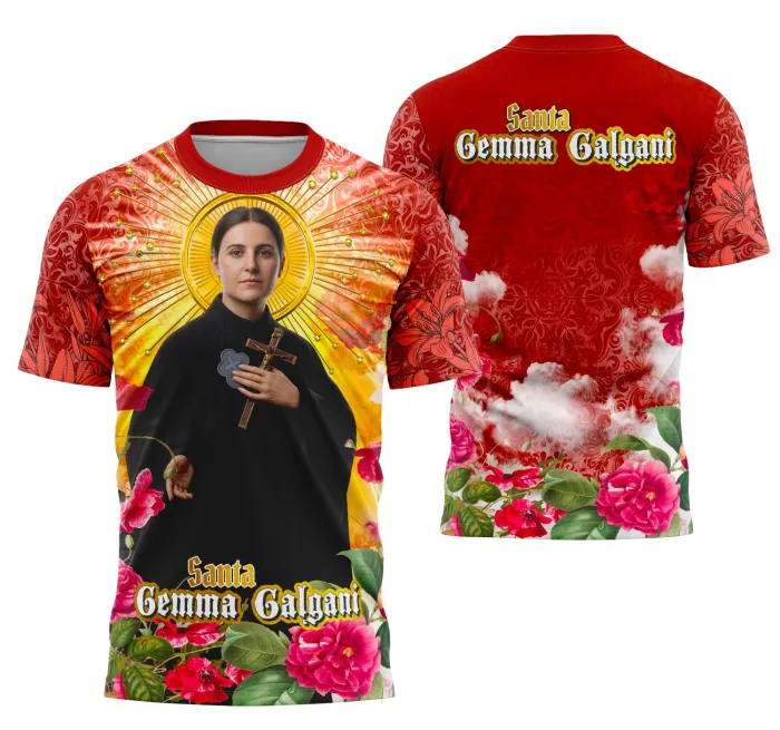 Camiseta unissex preta com logo no peito e estampa grande nas costas baseada em Santa Gemma Galgani, tema religião, perfeita para devotos e colecionadores.